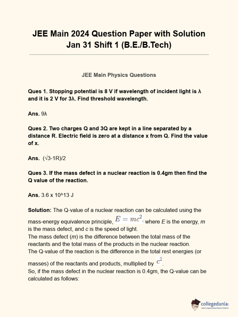 JEE Main 2024 Question Paper Solutions | PDF | Circle | Mass