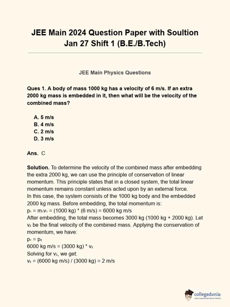 JEE Main 2024 Physics Solutions | PDF | Series And Parallel Circuits ...