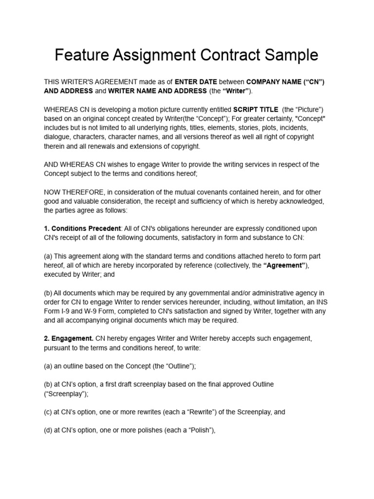 Feature Screenwriting Assignment Sample Contract | PDF | Legal Remedy ...