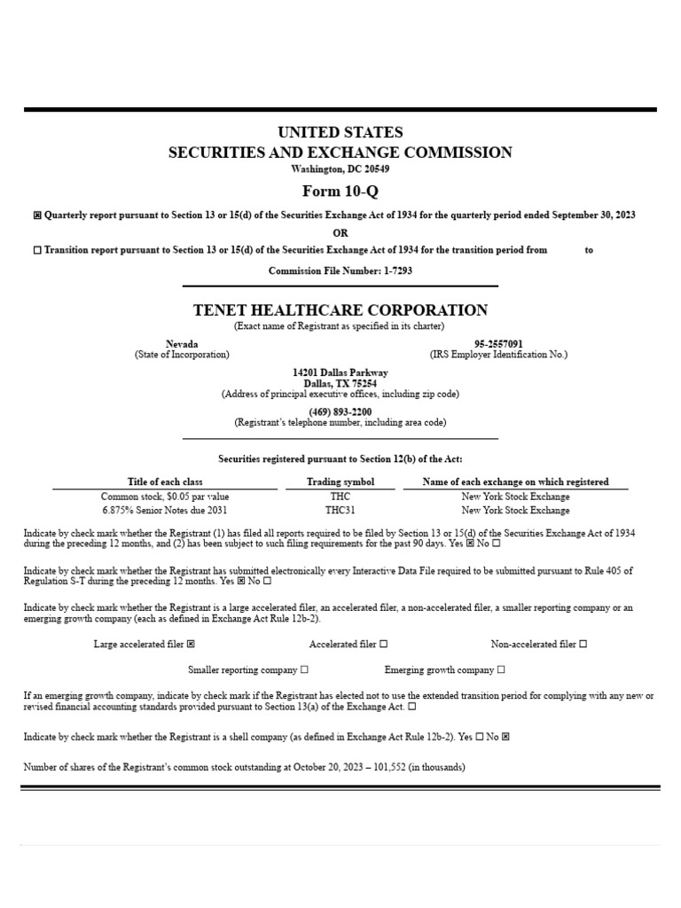 Tenet Healthcare Q3 2023 10-Q Report | PDF | Equity (Finance ...