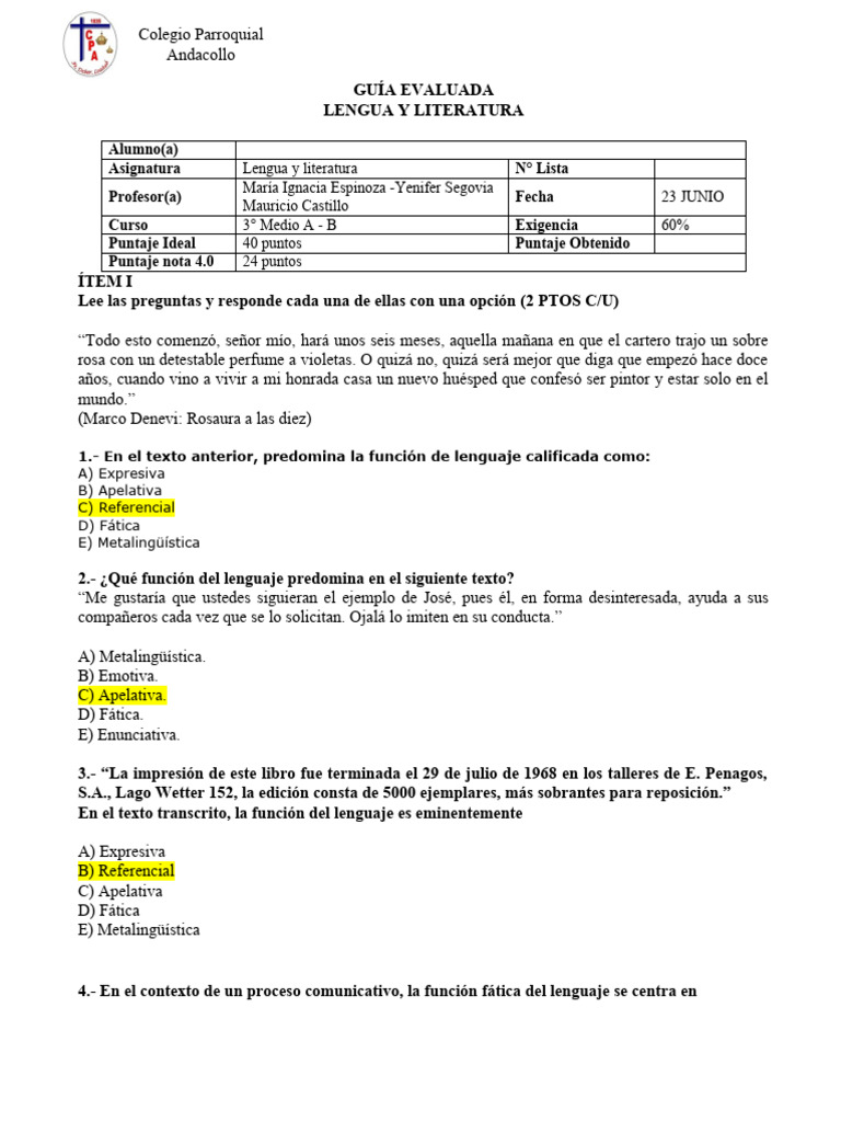 Funciones del Lenguaje en Ejercicios Evaluativos | PDF | Comunicación