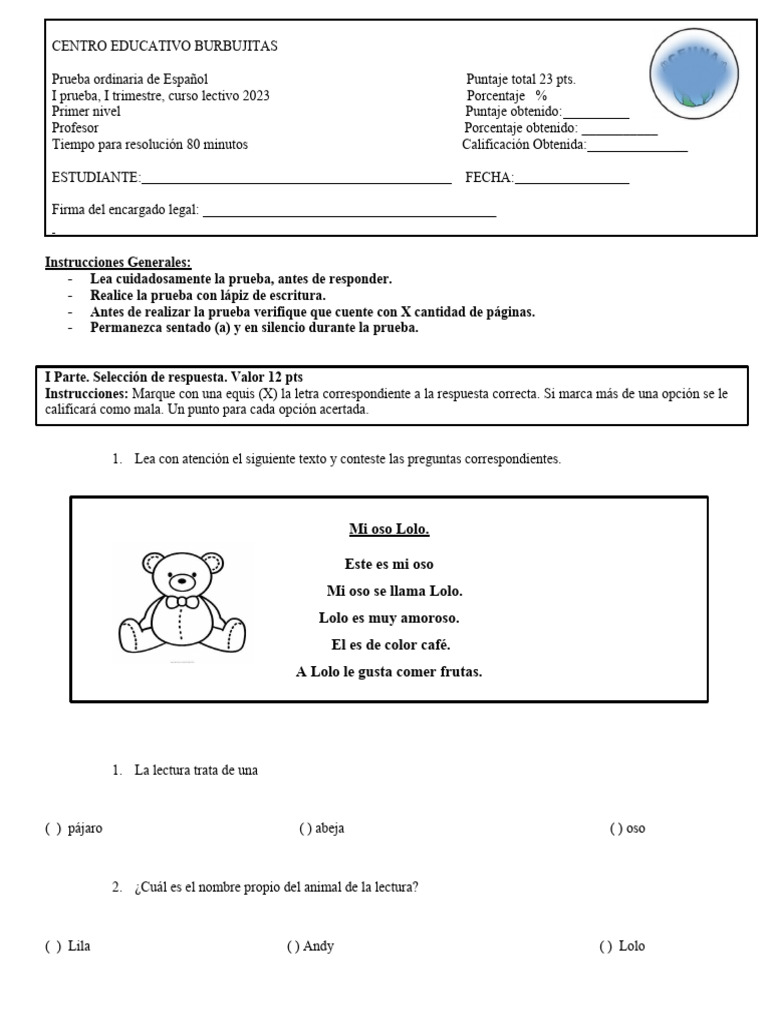 Ejemplo De Prueba Escrita Pdf