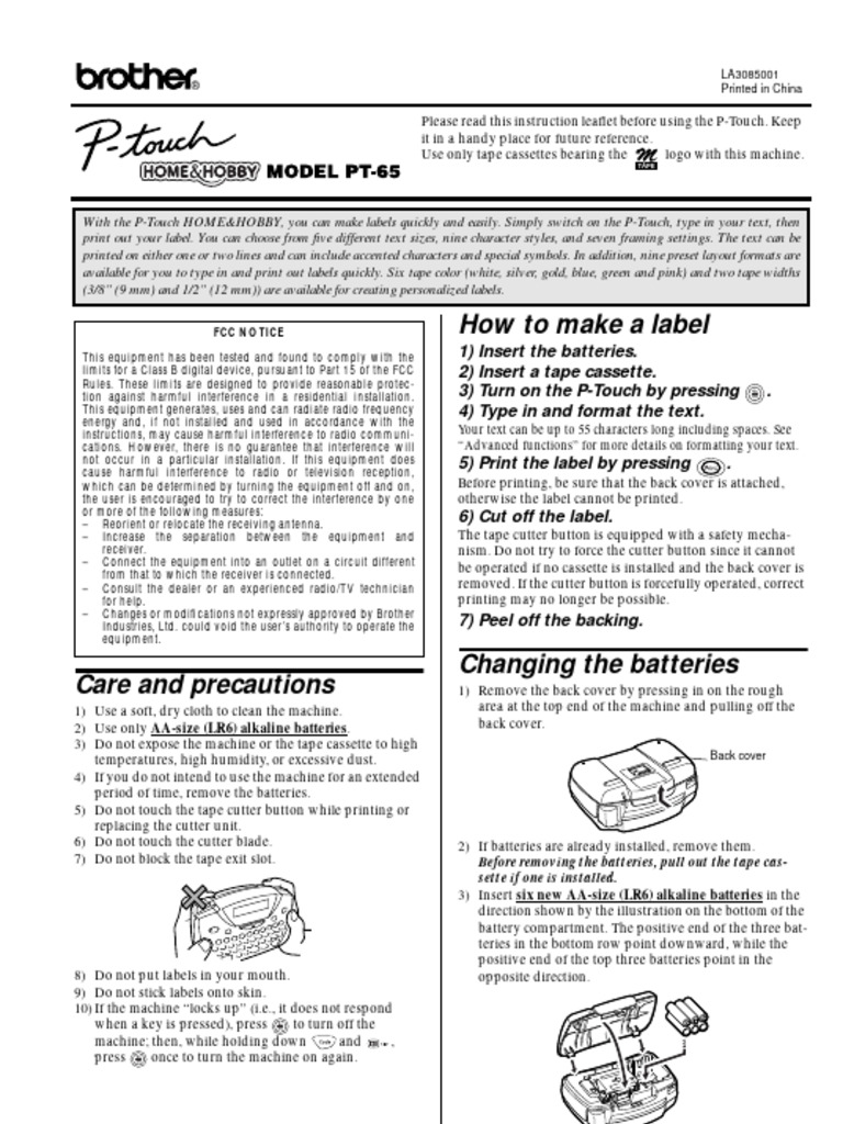 Manual Brother P-ToUCH PT-65 | PDF | Electromagnetic Interference | Radio