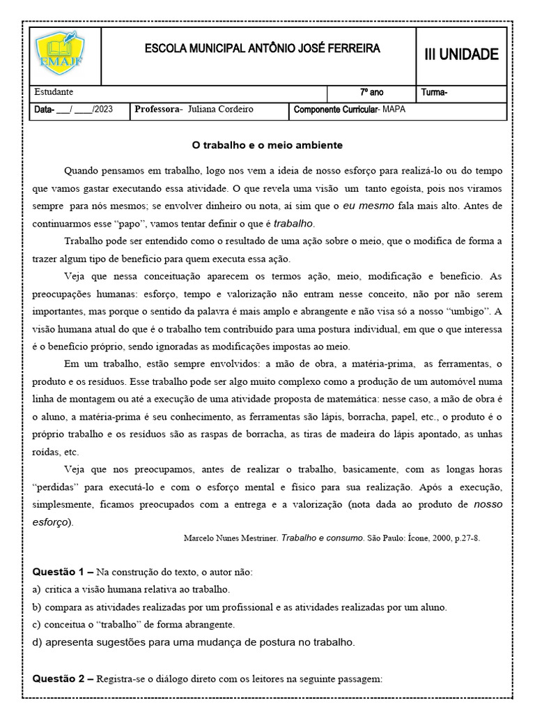 Interpretacao De Texto O Trabalho E O Meio Ambiente Pdf Tempo