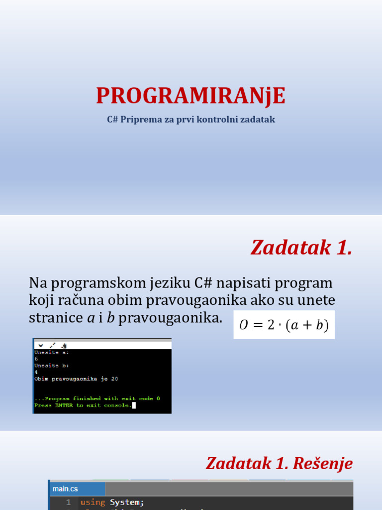 PROGRAMIRANjE C# Priprema Za Prvi Test | PDF
