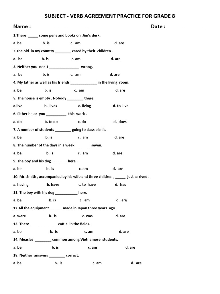 Subject Verb Agreement For Grade 8 | PDF | Language Arts & Discipline