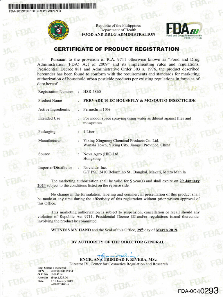 Pervade Insecticide Product Registration | PDF | Food And Drug ...