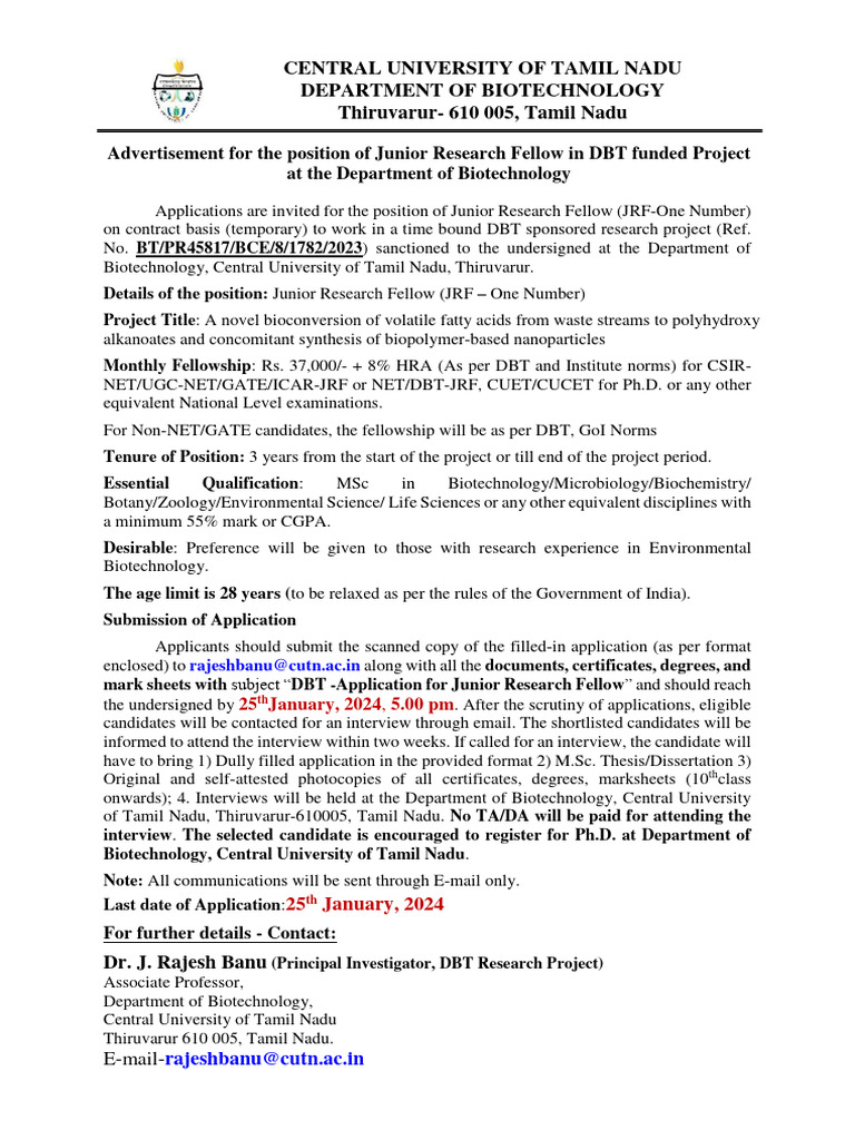 Dbt Advertisement For Jrf Position 10012024 Pdf