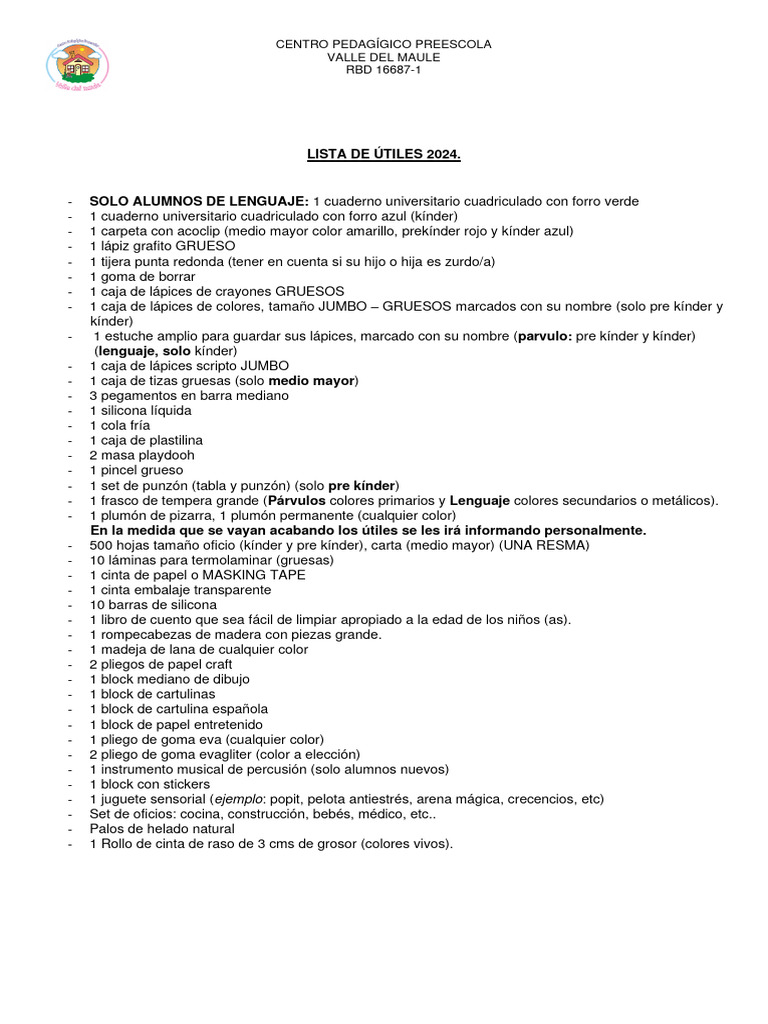 Lista de Útiles 2024 (2.0) Ok | PDF | Lápiz | Materiales de ...