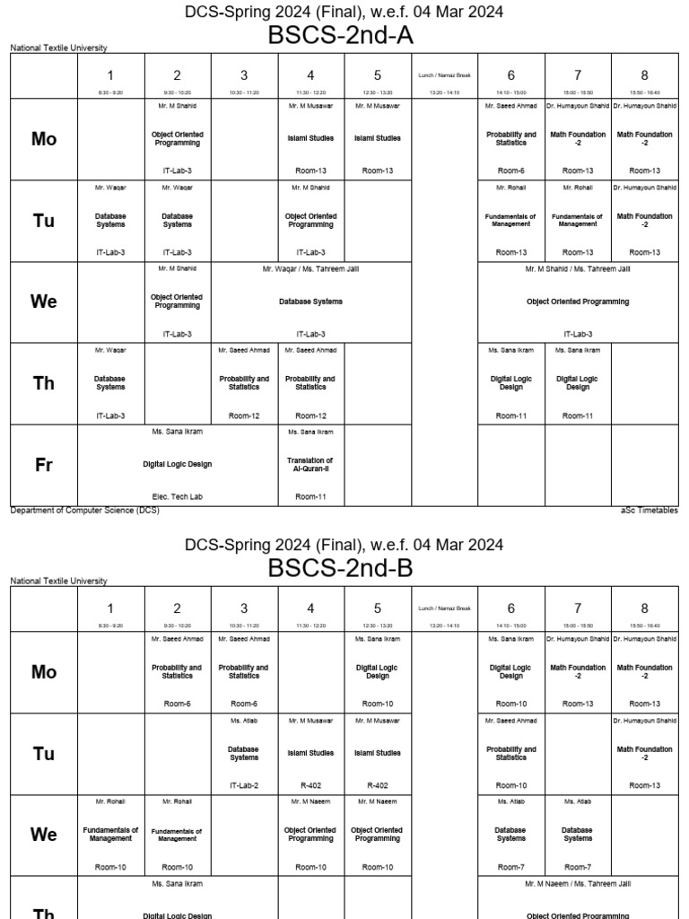 DCS Classes Time Table Spring 2024 Final (2) PDF Computing