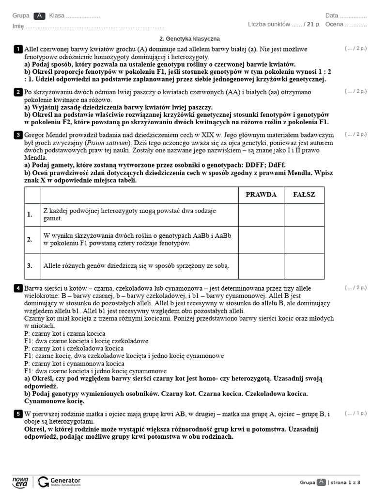 Genetyka Test Sprawdzający Rozdział 1 2. Genetyka klasyczna Test (z widoczną punktacją) | PDF