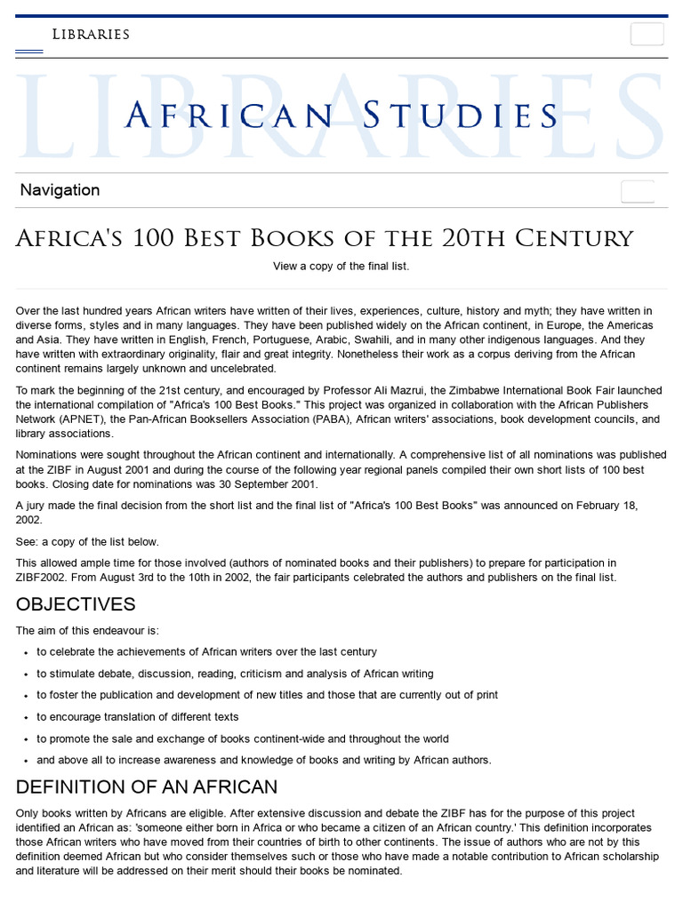 100 Best African Books of The 20th Century - Columbia University
