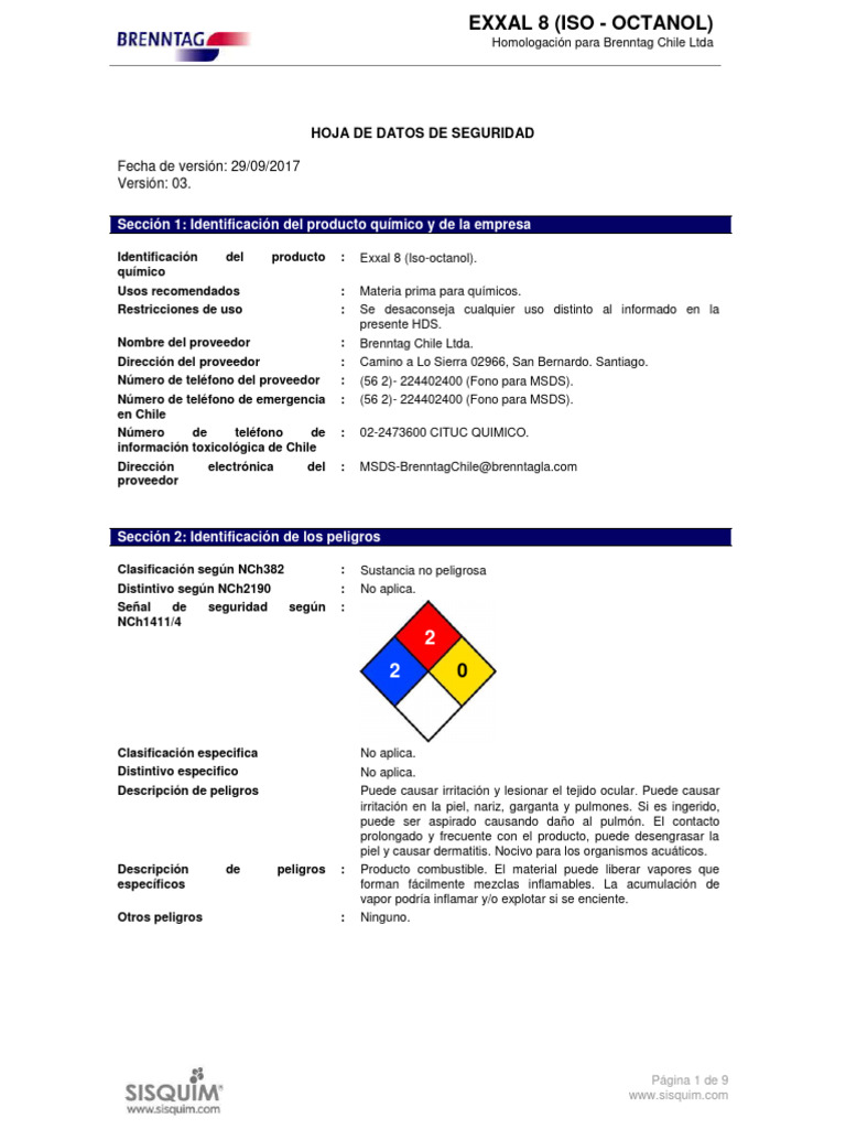 Hoja de Seguridad Exxal 8 (Iso-Octanol) | PDF | Agua | Administración ...