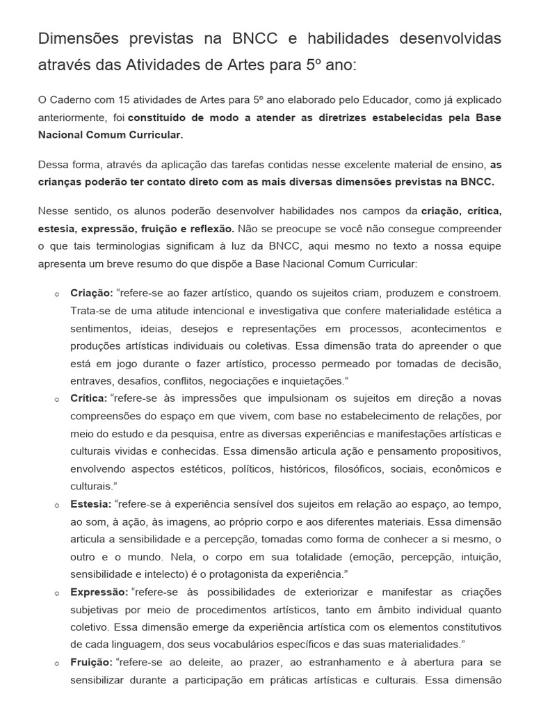 Atividades de Artes para 5º Ano BNCC | PDF | Experiência | Estética