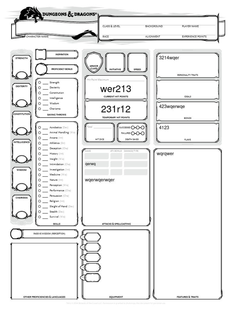 Dnd 5e charactersheet formfillable3 pdf gaming tabletop games