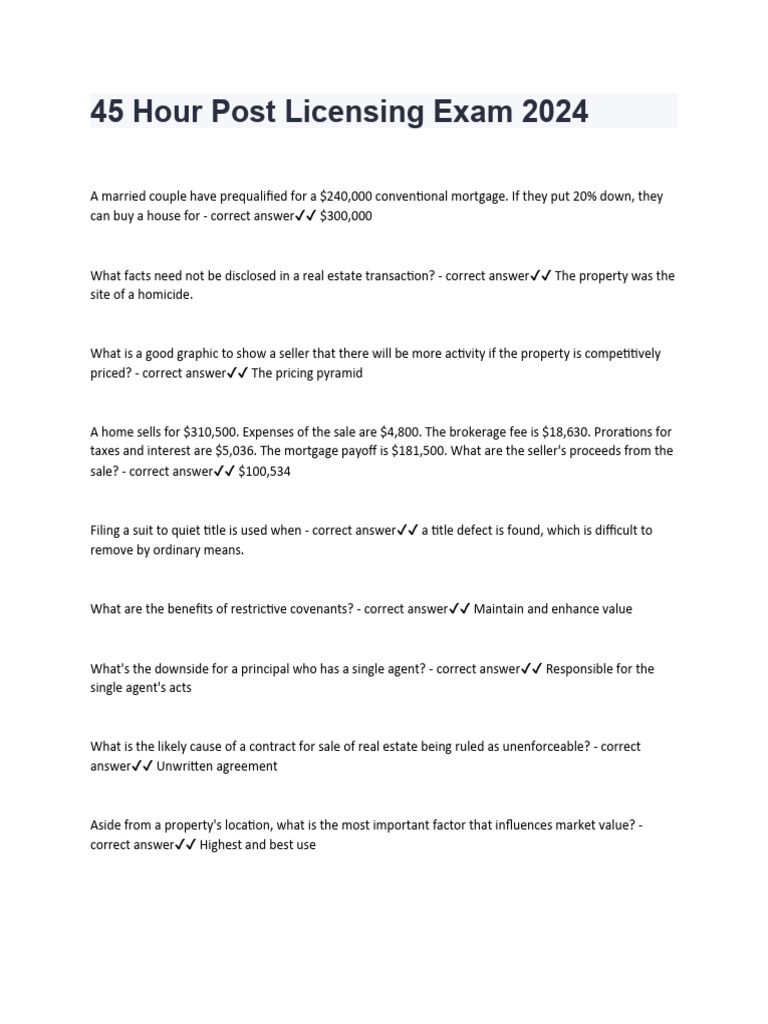 45 Hour Post Licensing Exam 2024 Download Free PDF Mortgages Real