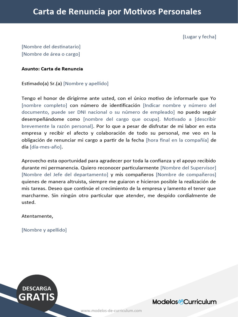 Carta de Renuncia Por Motivos Personales | PDF | Crecimiento personal y ...