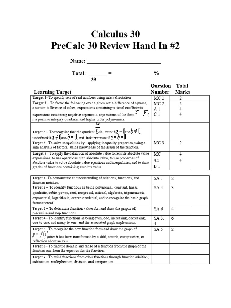 Calculus 30 PreCalc Review Guide | PDF | Polynomial | Exponentiation