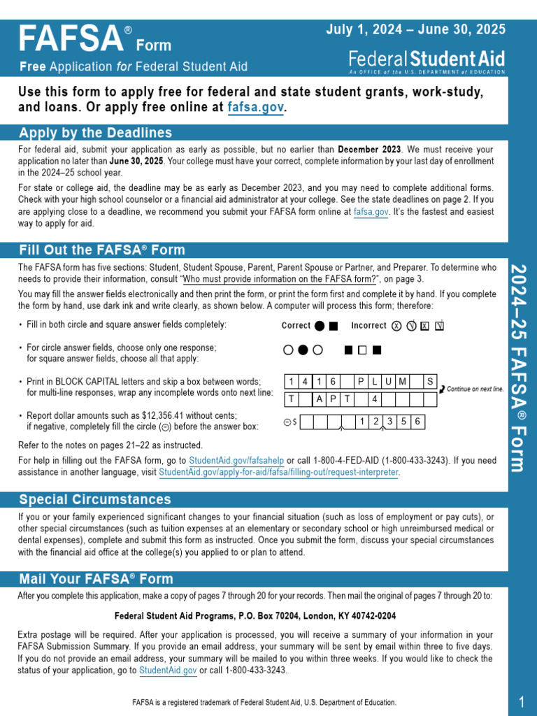 2024 25 fafsa pdf student financial aid in the united states