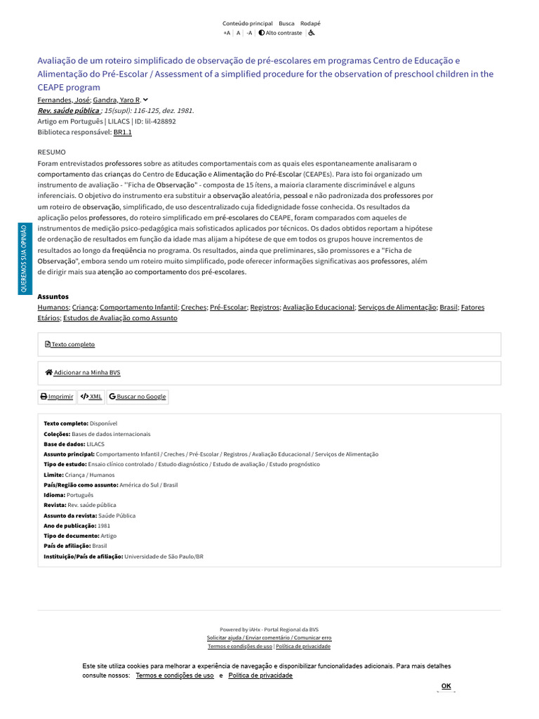 Avaliação De Um Roteiro Simplificado De Observação De Pré Escolares Em
