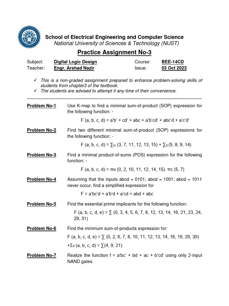 Digital Logic Design Practice Assignment | PDF | Mathematical Logic ...