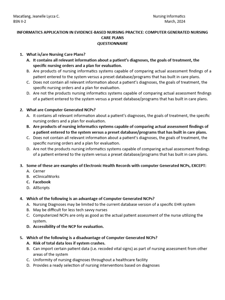7 Computer Generated Nursing Care Plans Questionnaire | PDF | Nursing ...