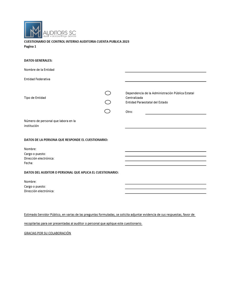 Cuestionario Control Interno Auditoría 2023 | PDF | Auditoría | Presupuesto