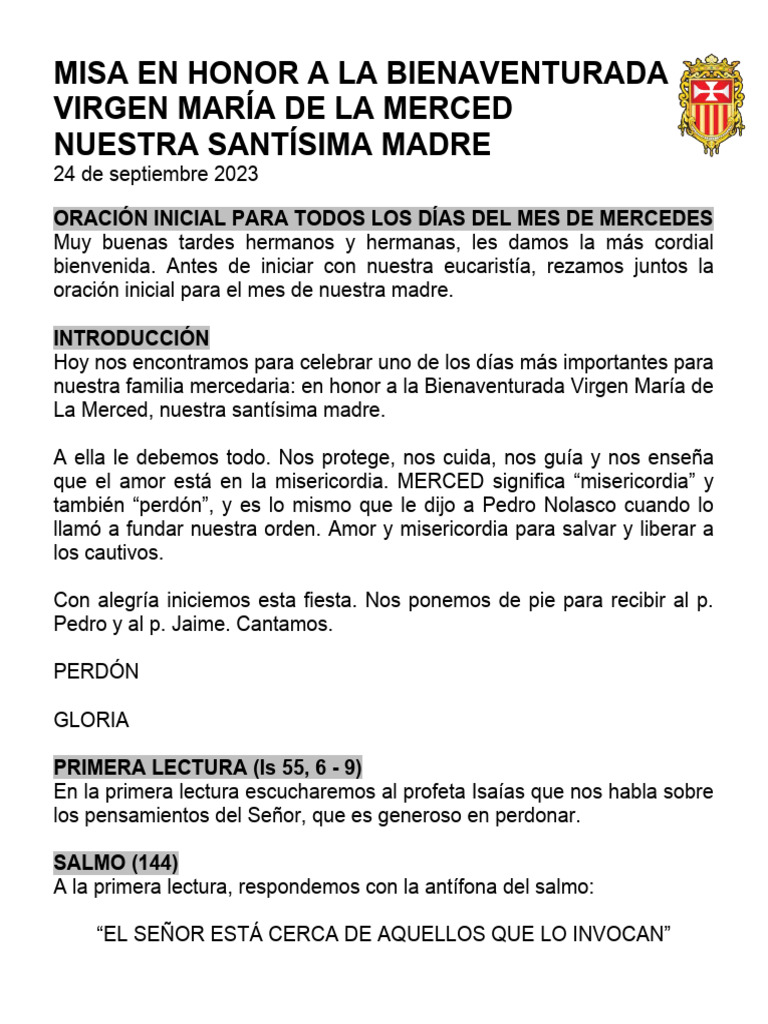 Misa en Honor a la Virgen de la Merced | PDF | eucaristía | María ...