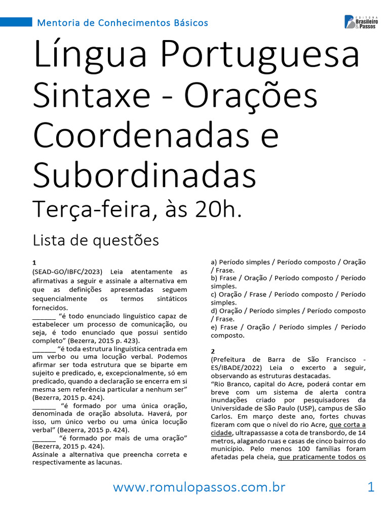 Língua Portuguesa - Orações Coordenadas e Subordinadas | PDF ...