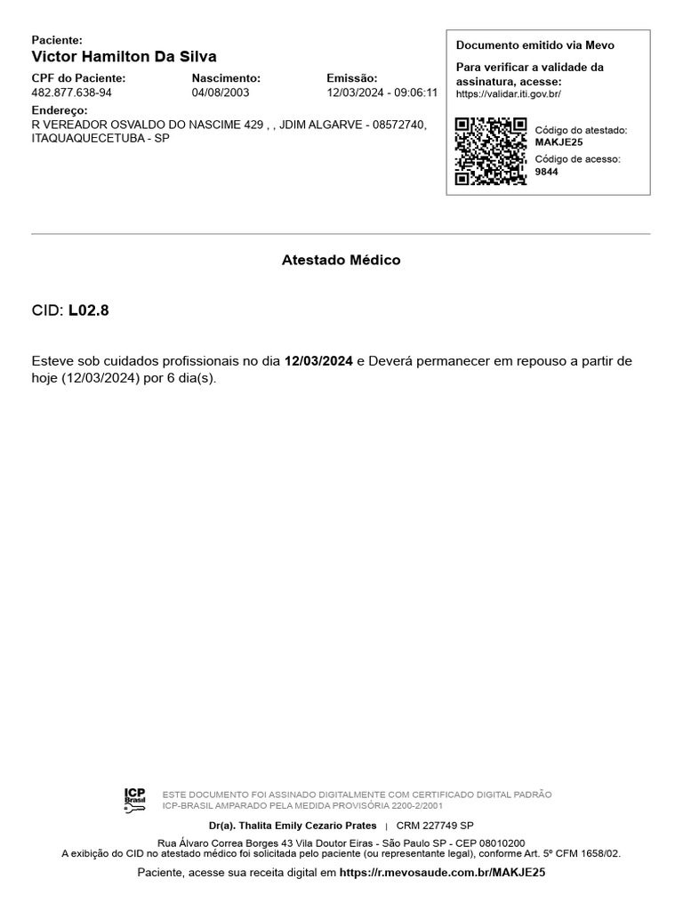 Atestado Médico - CID L02.8 | PDF