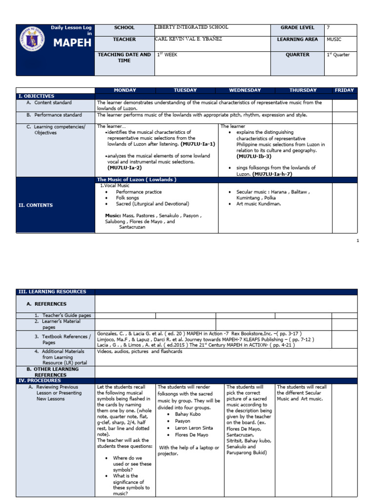 MAPEH Grade 7 Music Lesson Plan | PDF | Learning | Cognition