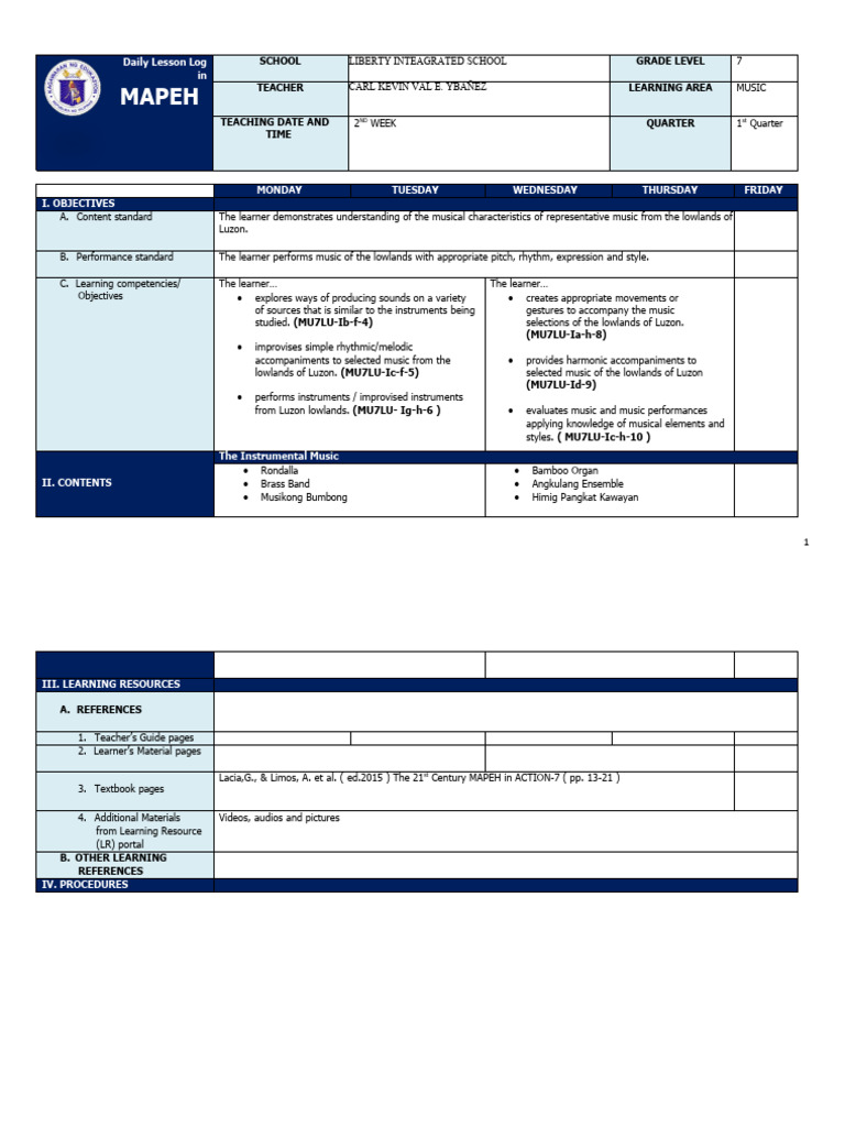 MAPEH Grade 7 Music Lesson Plan | PDF | Musical Instruments | Musicology