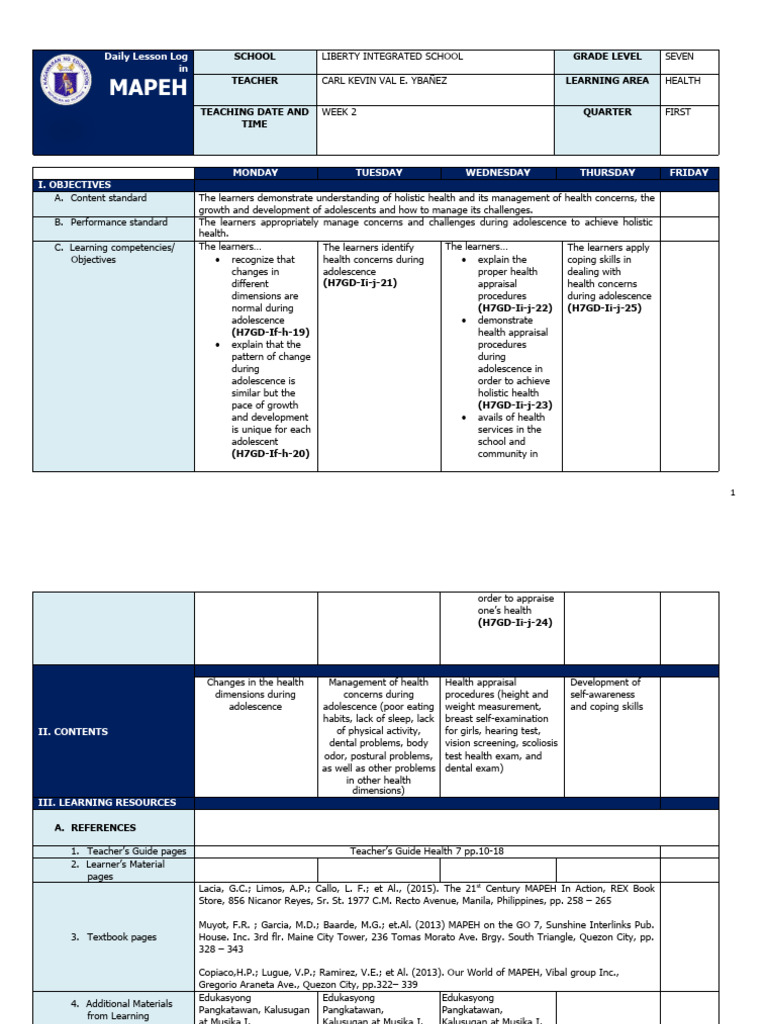 Q1 Grade 7 HEALTH DLL Week 2 | PDF | Adolescence | Learning