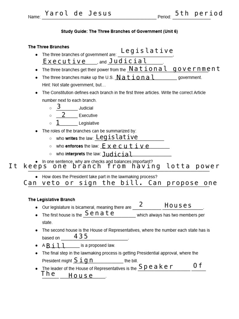 Study Guide: Three Branches of Government | PDF | Separation Of Powers ...