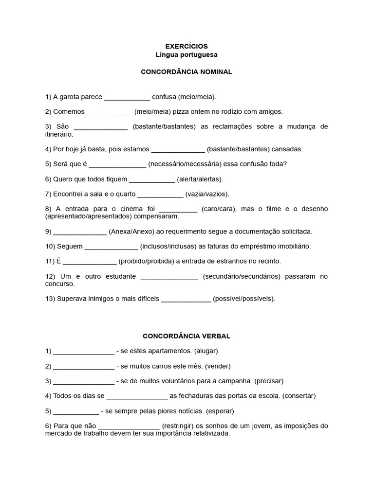 Exercícios de Concordância Nominal e Verbal | PDF
