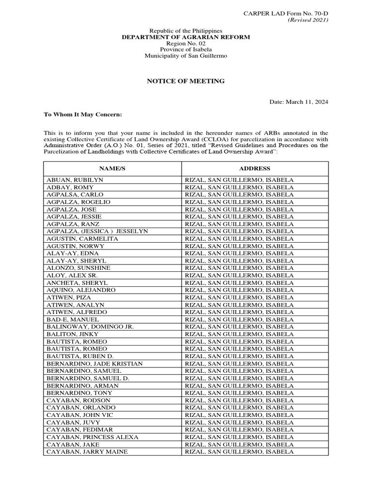 Meeting Notice for CCLOA Parcelization | PDF | Common Law ...