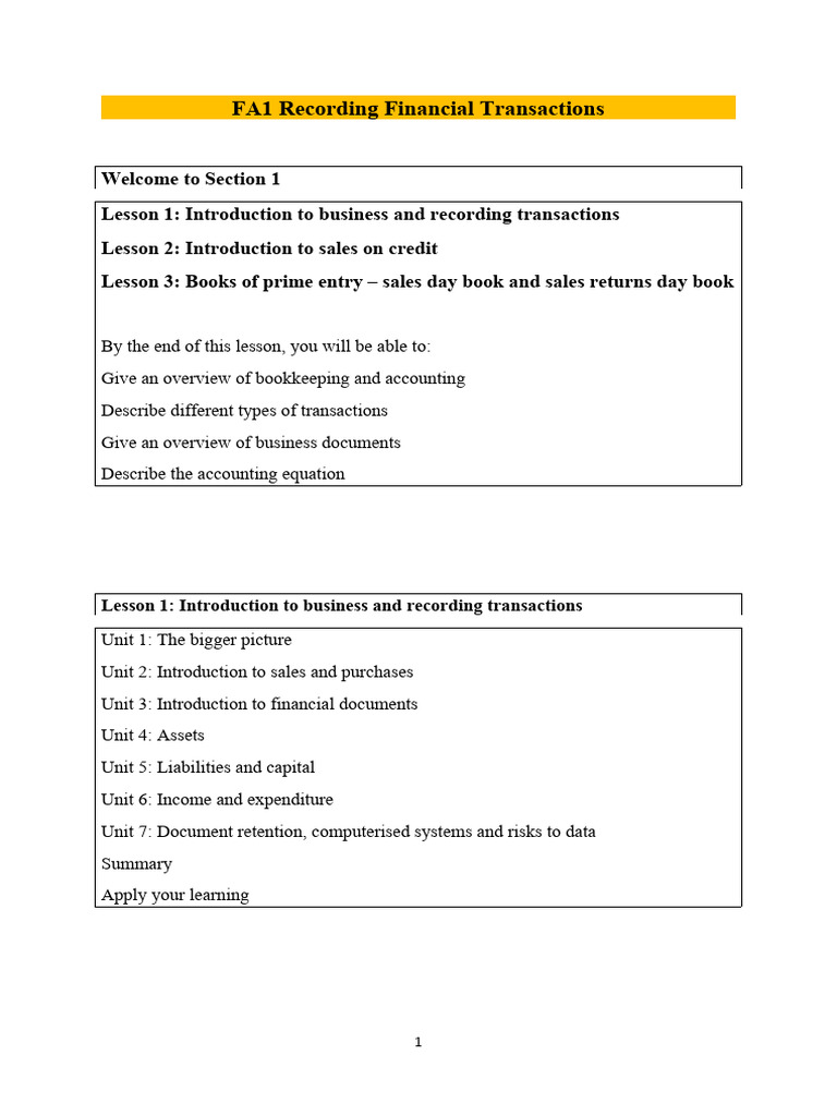 Section 1 Lesson 1 Unit 1 Pdf Bookkeeping Debits And Credits