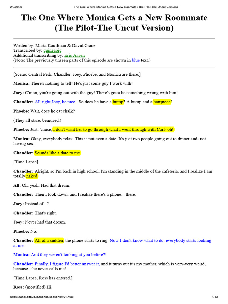 Friends S1E1: The Pilot Transcript | PDF | Friends