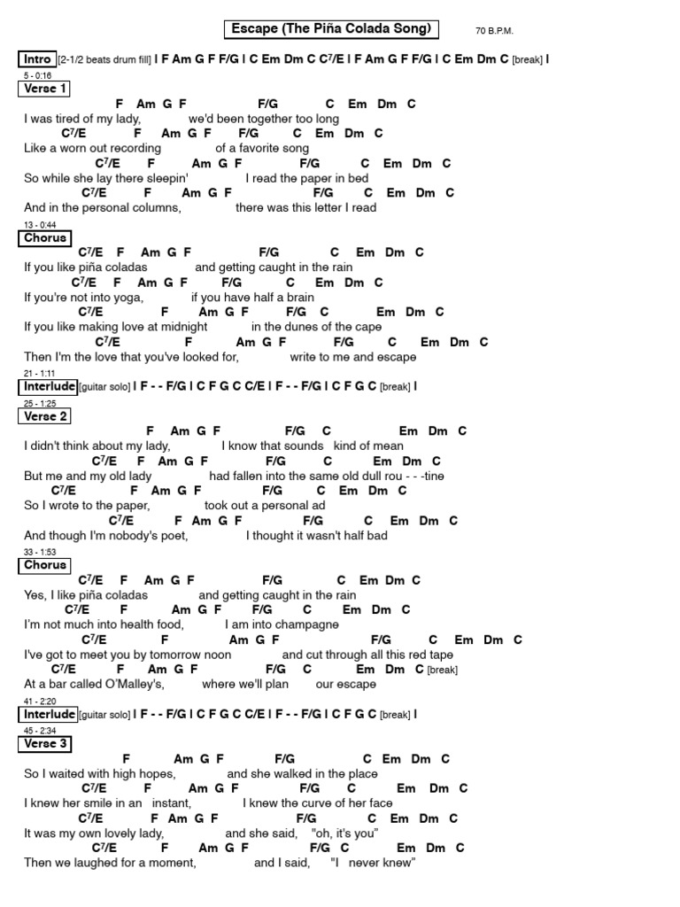 Escape the pina colada song lyrics download free pdf sound