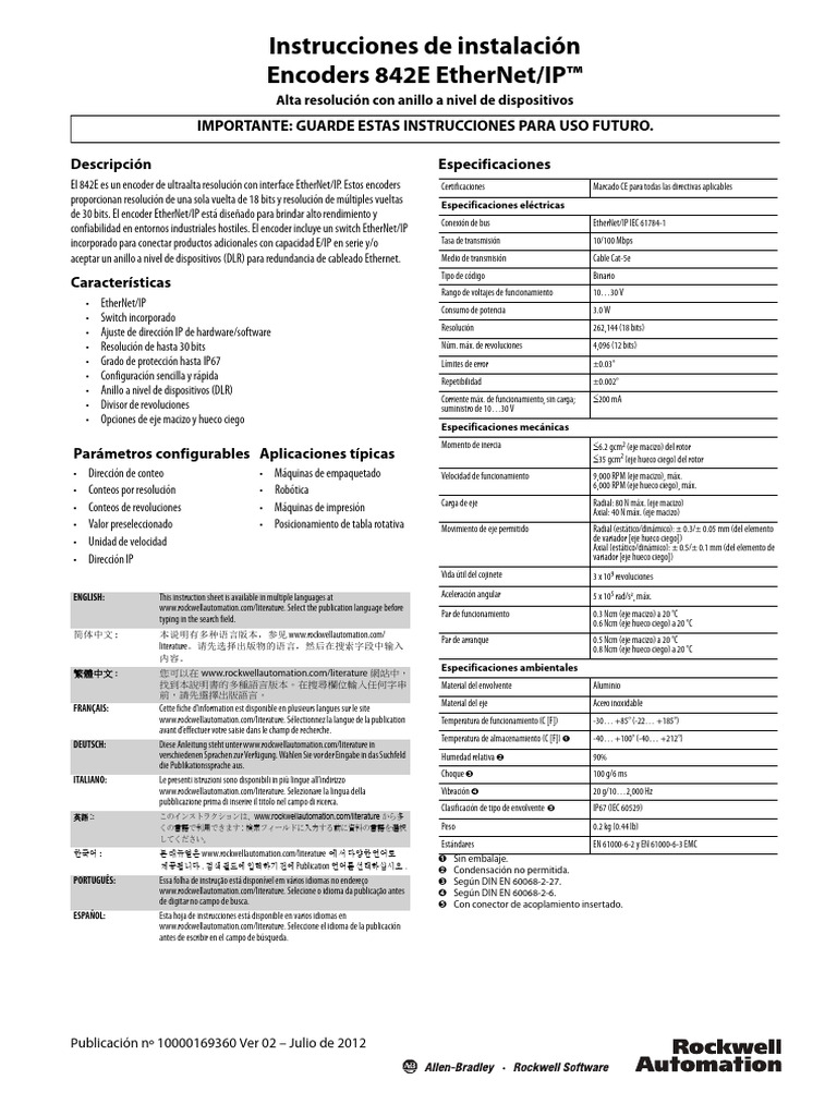 Instrucciones de Instalación Encoders 842E Ethernet/Ip™ | PDF ...