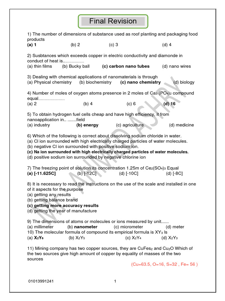 Final Revision For 1 Sec | PDF | Acid | Mole (Unit)