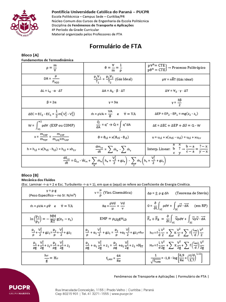 Formulário de Fenômenos de Transporte | PDF | Calor | Termodinâmica
