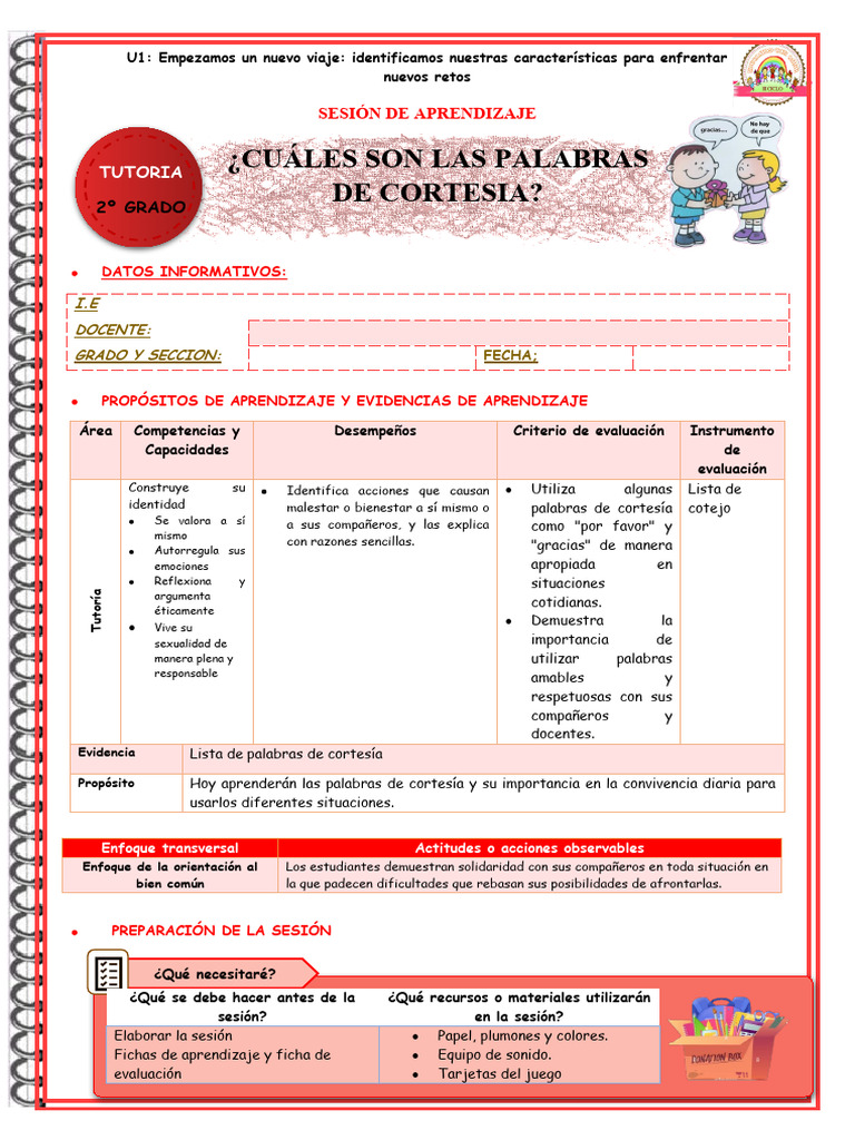 U1 Sesion D1 Tutoria Cuales Son Las Palabras de Cortesia | PDF ...