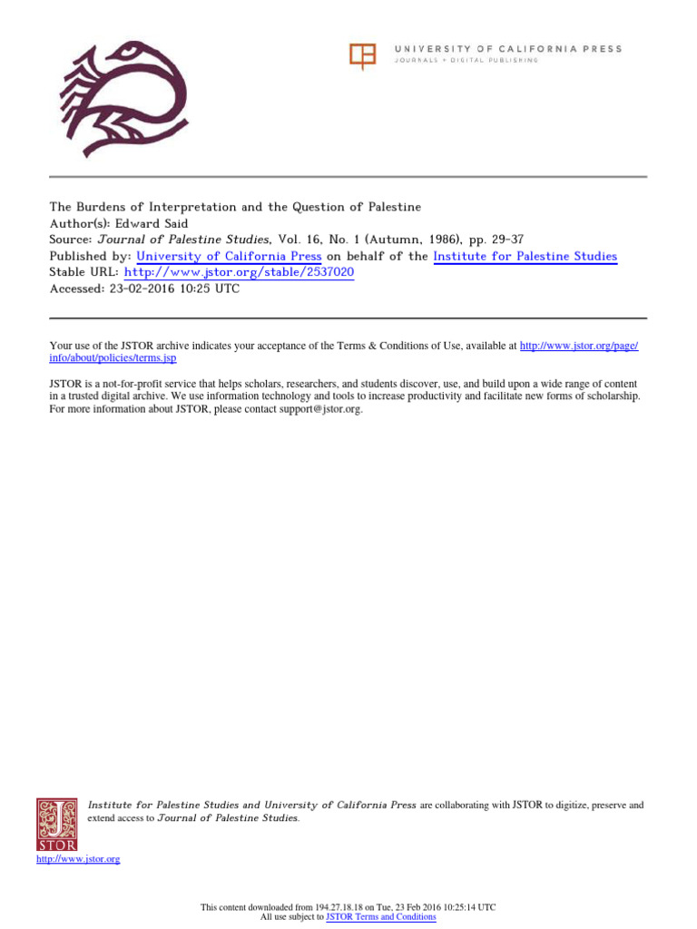 Edward Said - The Burdens of Interpretation and The Question of