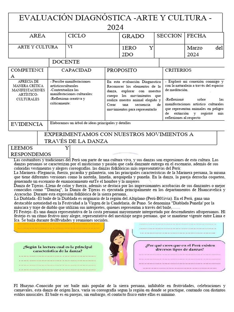 Evaluacion Diagnostica - 1ero y 2do Grado-Arte y Cultura | PDF | Bailes ...