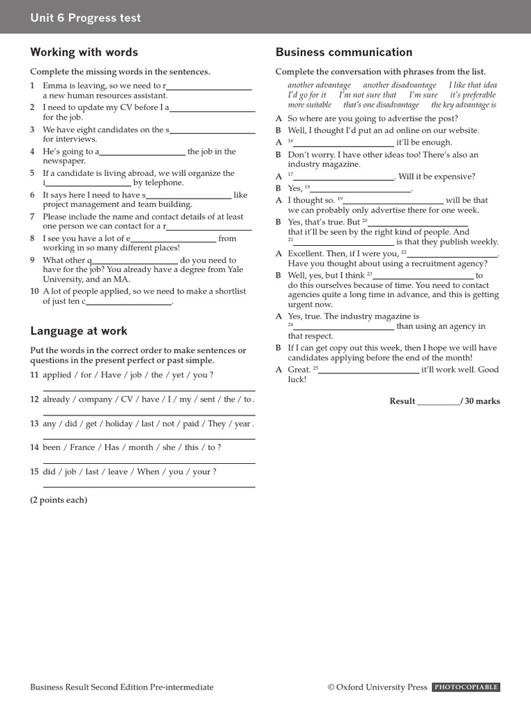 Br2e Pre Intermediate Unit6 Progress Test Pdf Communication Human