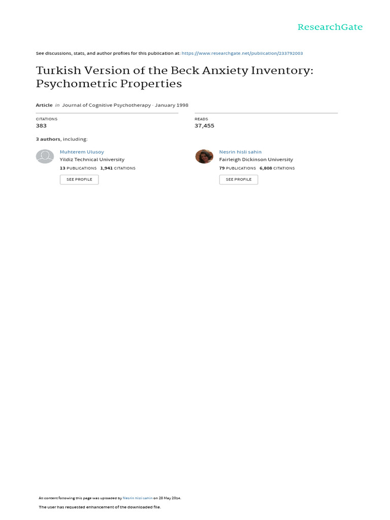 Turkish Version of The Beck Anxiety Inventory: Psychometric Properties ...