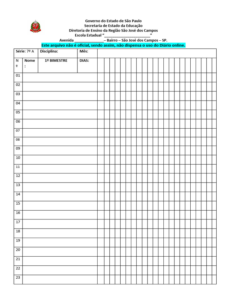 Modelo de Diário de Classe para Imprimir | PDF