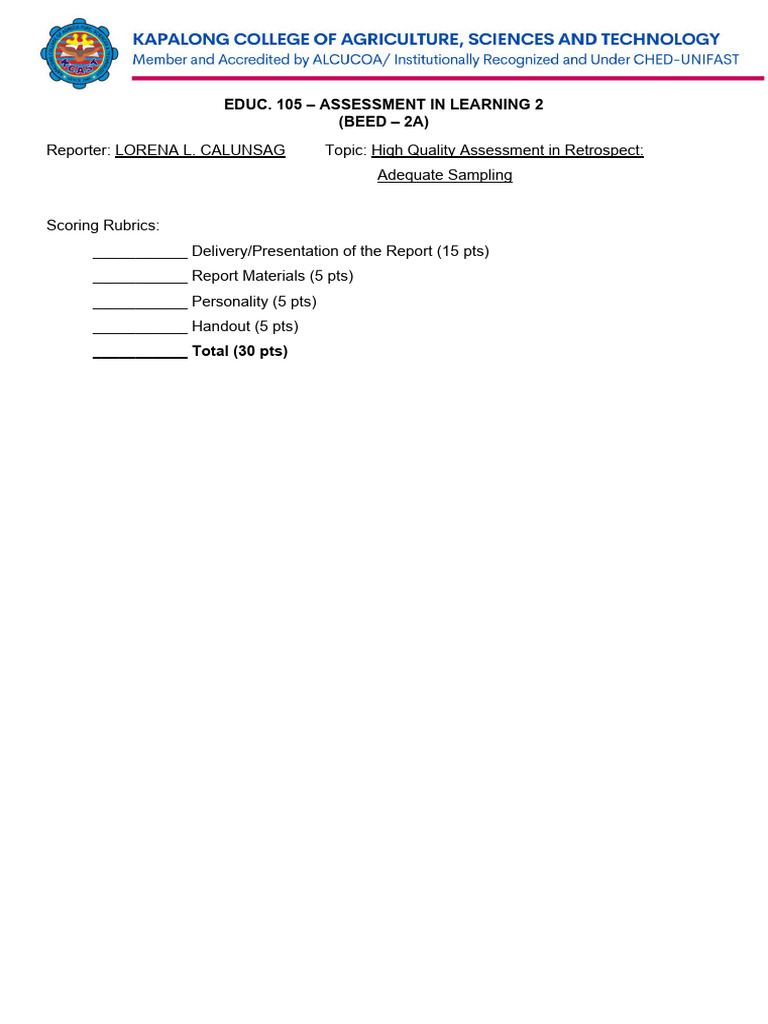 High Quality Assessment Sampling Guide | PDF | Sampling (Statistics ...