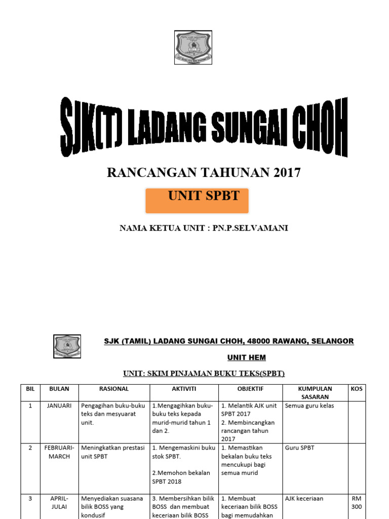Rancangan Tahunan Unit SPBT 2017 | PDF